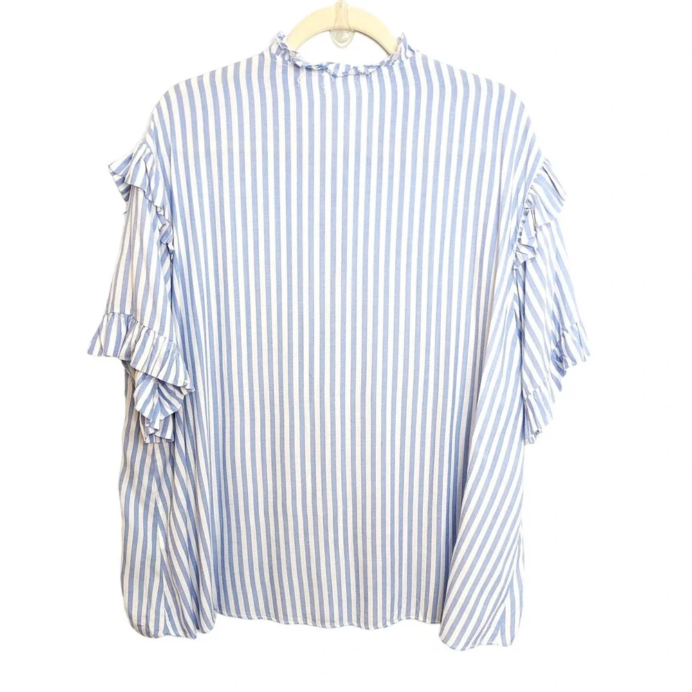 Mustard Seed Womens Large Blouse Button Front Ruffle Striped Blue White - Picture 2 of 6
